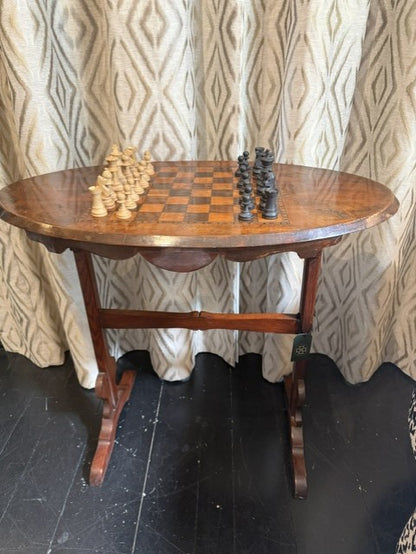 Antique Cedar & Burl Walnut Chess Table and Pieces