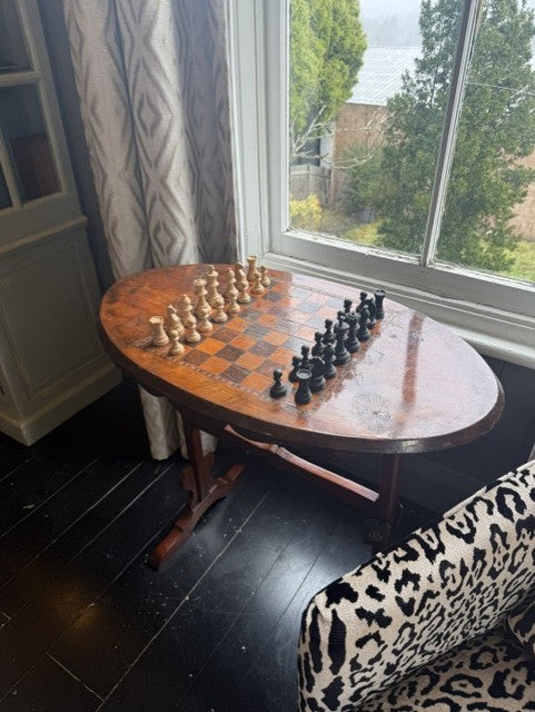 Antique Cedar & Burl Walnut Chess Table and Pieces