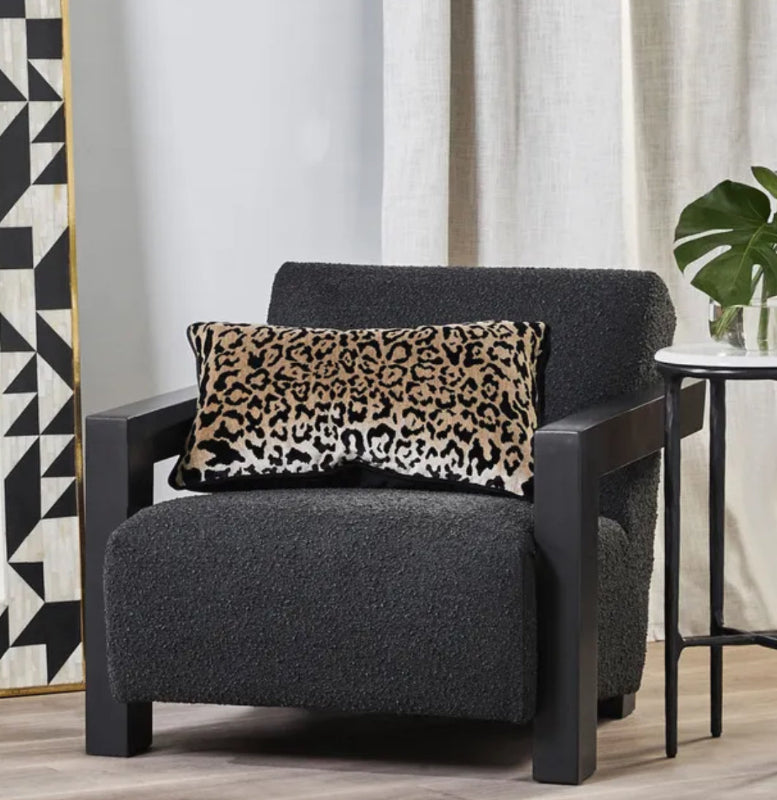 Leopard Chenille & Black Velvet Rectangle Cushion