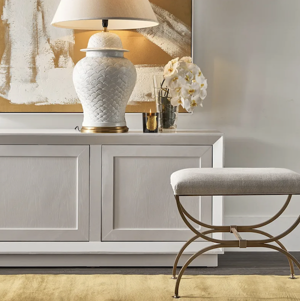 Antique Gold Iron Stool in Natural Linen