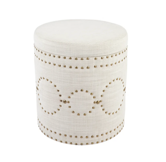 Linen & Brass Storage Stool/ Ottoman Off White
