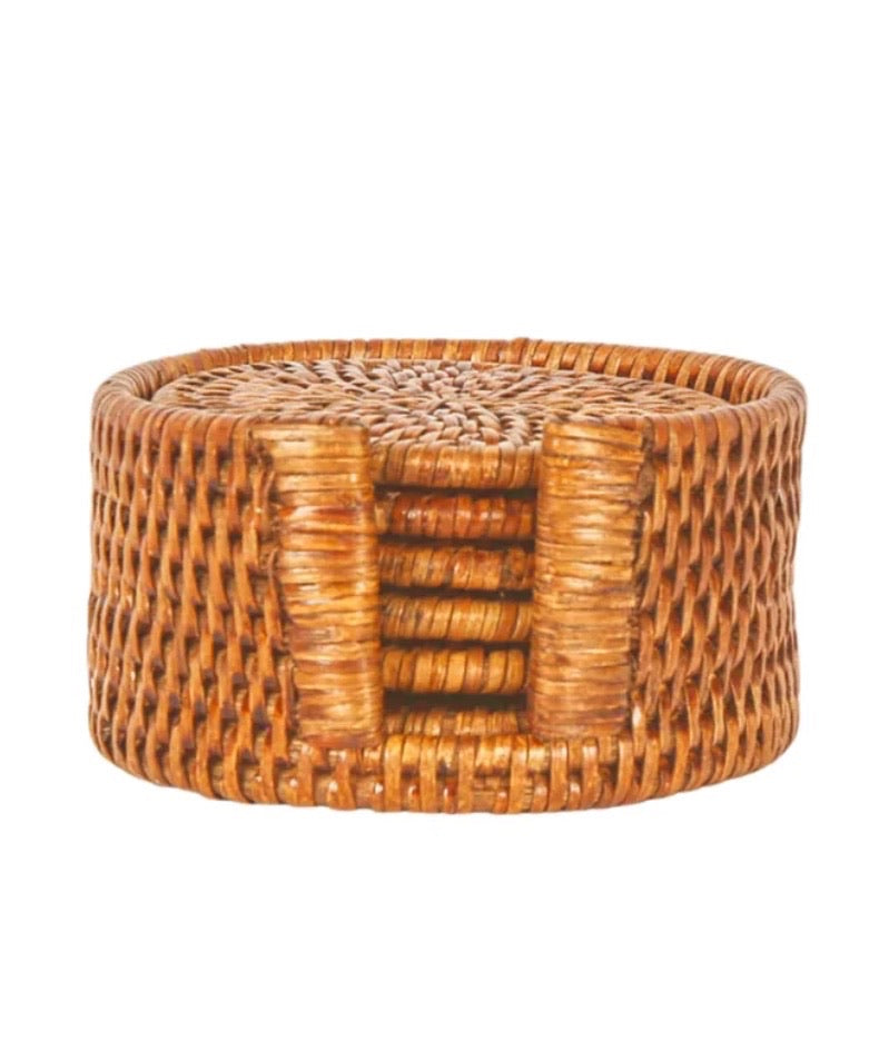 Rattan Round Coaster - Set of 6 - Antique Brown