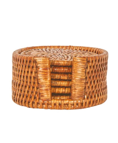 Rattan Round Coaster - Set of 6 - Antique Brown