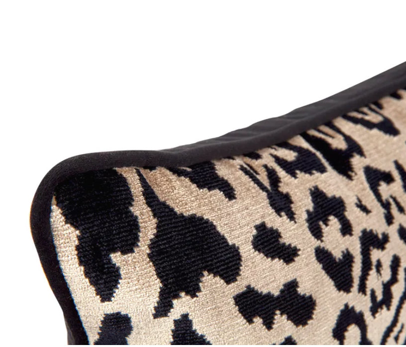 Leopard Chenille & Black Velvet Rectangle Cushion