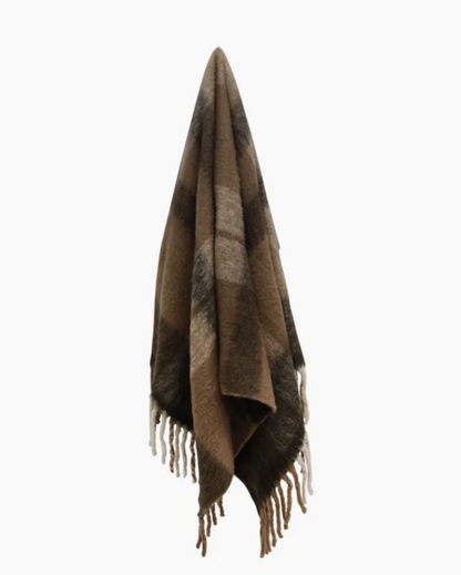 Canopy Plaid Wool Blend Tassel Throw - Brown
